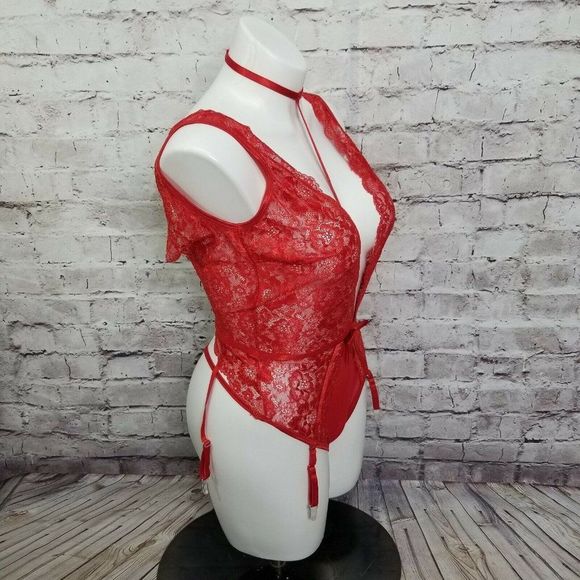 Shirley of Hollywood Red Lace Teddy XL Deep V Gartered Bodysuit Lingerie Collar - Picture 5 of 8